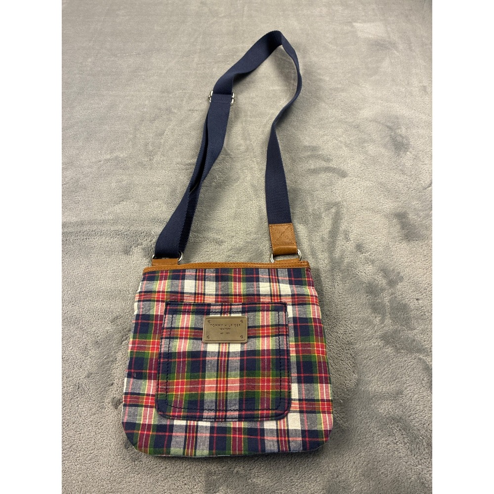 Tommy Hilfiger Plaid Crossbody Bag Navy Red Green Canvas Small Messenger